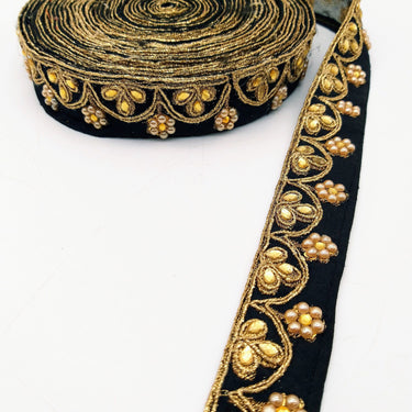 Black Silk Fabric Lace Trim Floral Embroidery & Indian Stones Kundan Embellishment, Decorative Sari Trim, Floral Border Trim By Yard